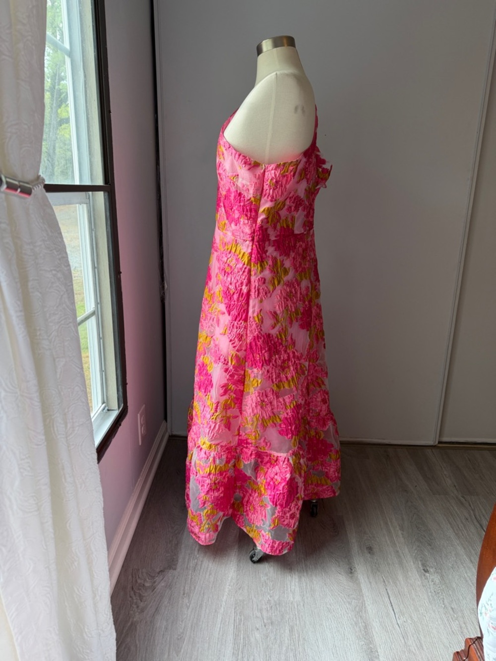 One-Shoulder gingham and heels boutique formal Pink Floral Maxi Dress - Picture 5 of 7